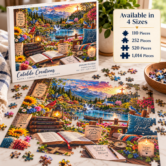 Christian Bible verse jigsaw puzzle featuring a mountain lake, waterfall, chapel, colorful flowers, open Bible, and Pray More Worry Less faith-inspired artwork.
