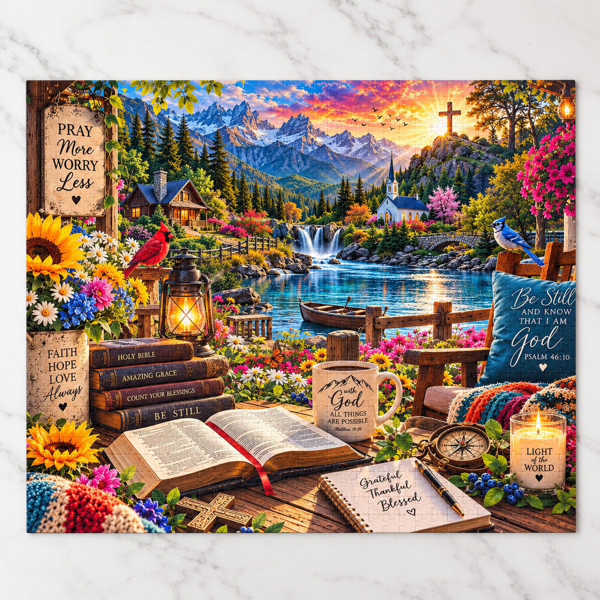 Christian Bible verse jigsaw puzzle featuring a mountain lake, waterfall, chapel, colorful flowers, open Bible, and Pray More Worry Less faith-inspired artwork.