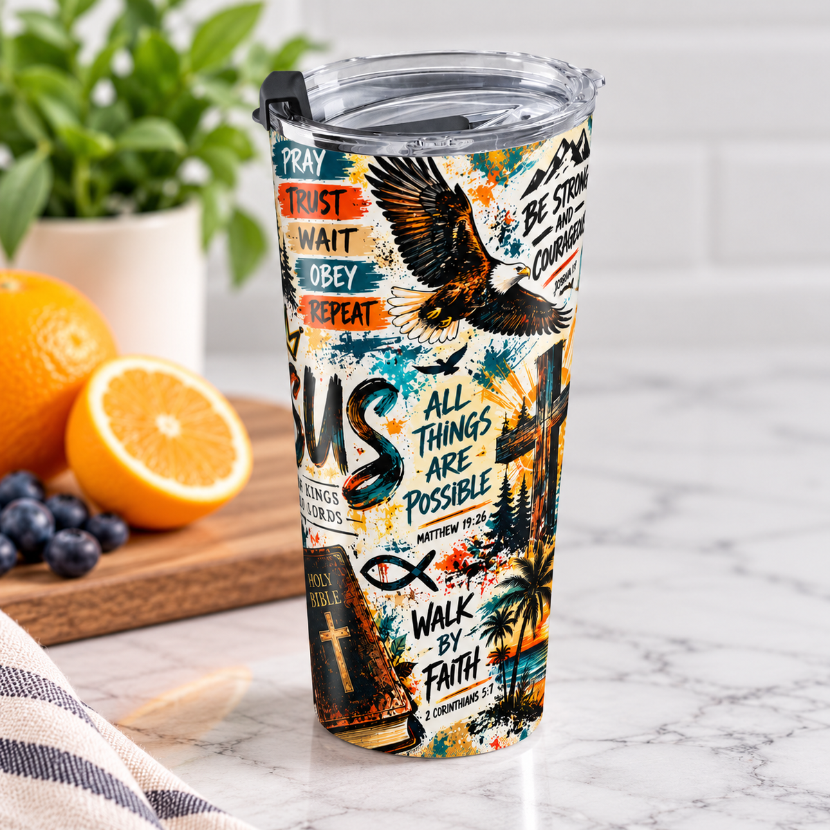 Jesus King of Kings 20oz Christian Tumbler | Colorful Faith-Inspired Travel Cup with Bible Verses