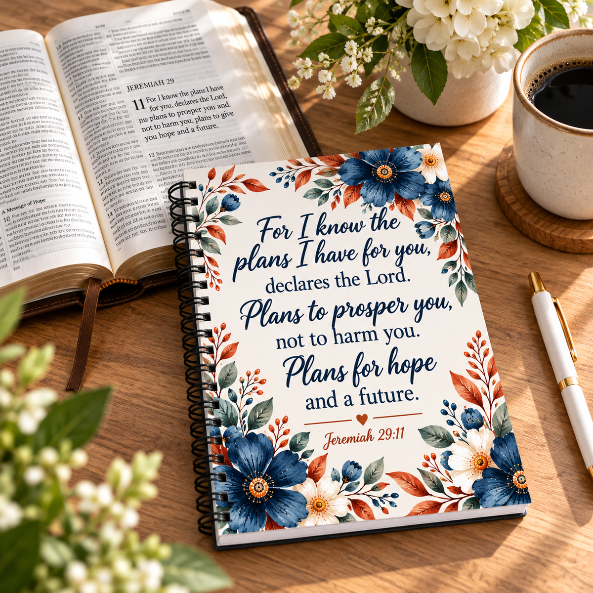 Jeremiah 29:11 Christian Spiral Notebook, Floral Bible Verse Journal