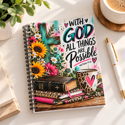 With God All Things Are Possible Christian Spiral Notebook – Matthew 19:26 Faith Journal with Sunflowers
