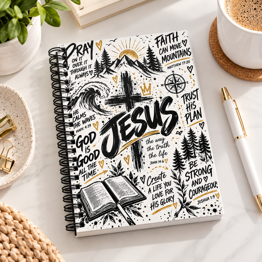 Jesus Christian Spiral Notebook – Faith-Inspired Journal with Bible Verses | Black, White & Gold Design