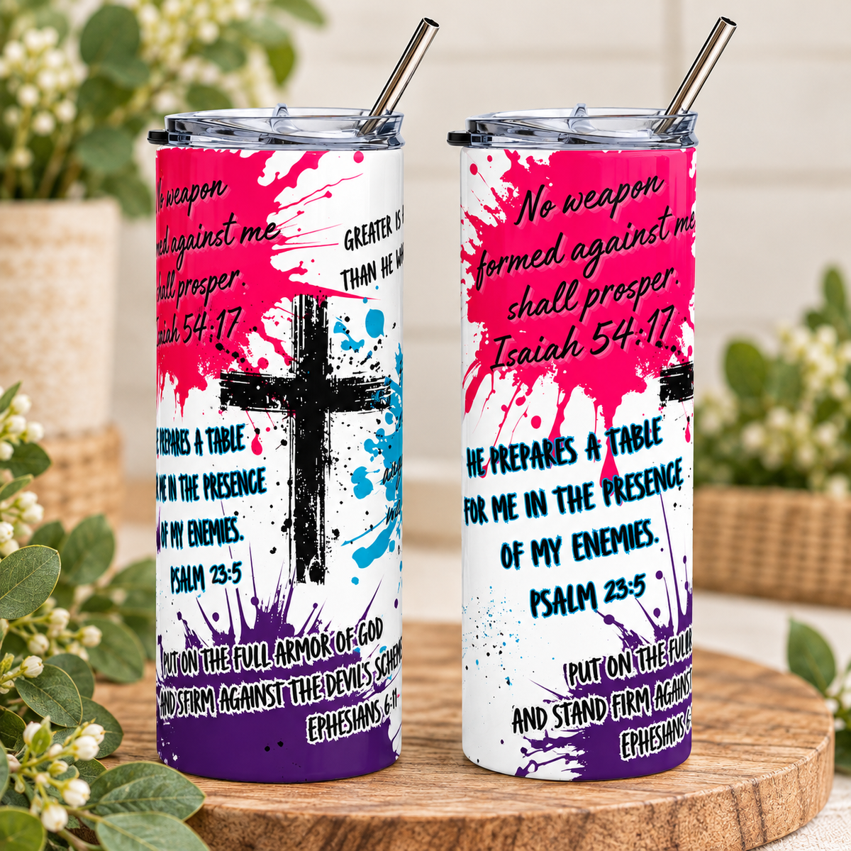 20 oz Christian Bible Verse Tumbler with Straw - God's Protection Scriptures & Cross Design