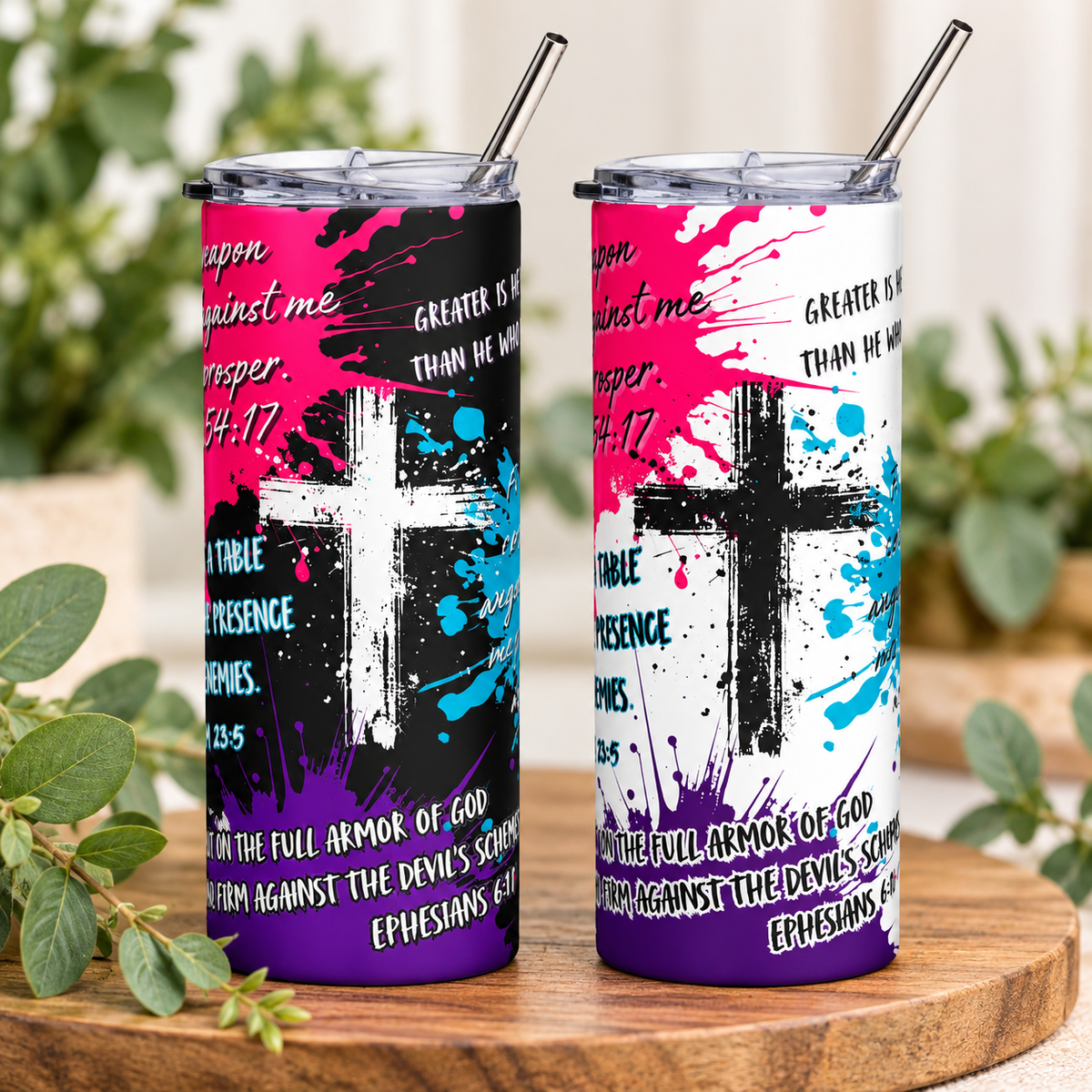 20 oz Christian Bible Verse Tumbler with Straw - God's Protection Scriptures & Cross Design