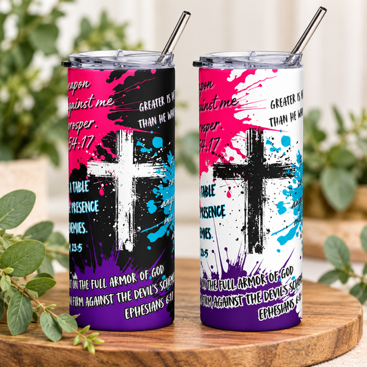 20 oz Christian Bible Verse Tumbler with Straw - God's Protection Scriptures & Cross Design