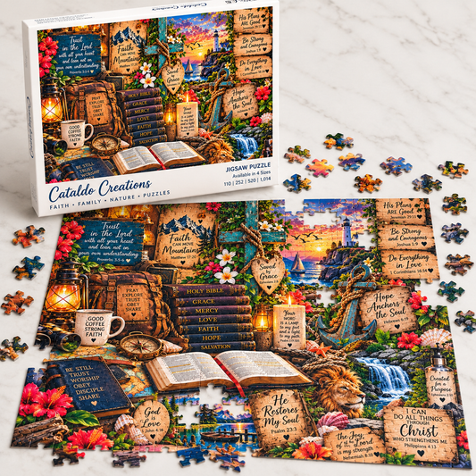Christian Bible verse jigsaw puzzle featuring Scripture promises, an open Bible, wooden cross, lion, lighthouse, coastal sunset, mountain scenery, and faith-inspired artwork.