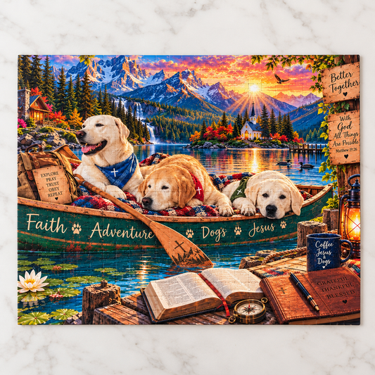 Christian Labrador Retriever Jigsaw Puzzle | Mountain Lake Adventure & Dog Lover Gift