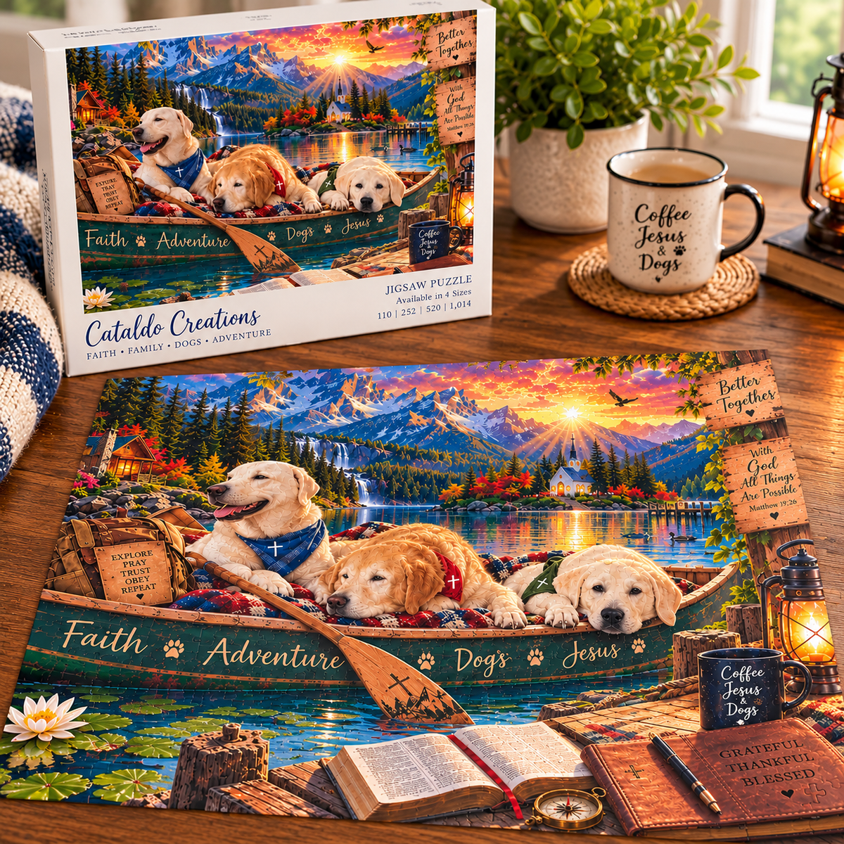 Christian Labrador Retriever jigsaw puzzle featuring three dogs in a canoe on a mountain lake at sunset, with a waterfall, chapel, Bible, and faith-inspired messages.
 Copy alt text