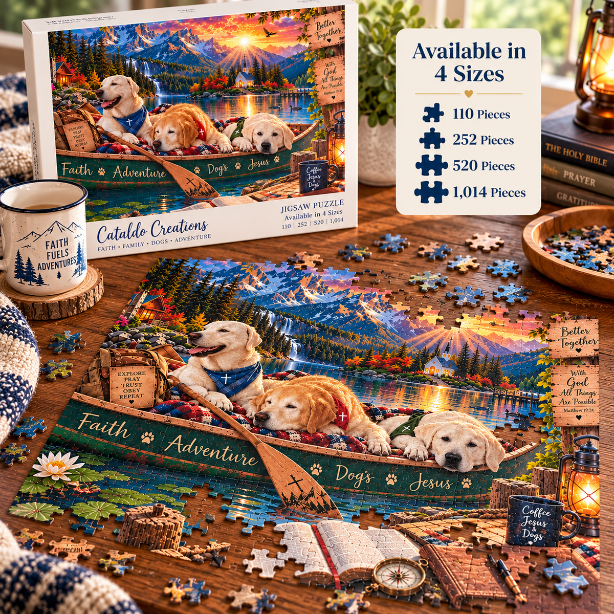 Christian Labrador Retriever jigsaw puzzle featuring three dogs in a canoe on a mountain lake at sunset, with a waterfall, chapel, Bible, and faith-inspired messages.
 Copy alt text