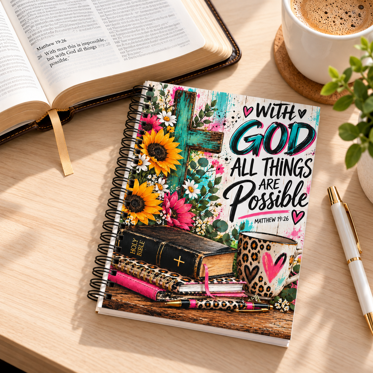 With God All Things Are Possible Christian Spiral Notebook – Matthew 19:26 Faith Journal with Sunflowers