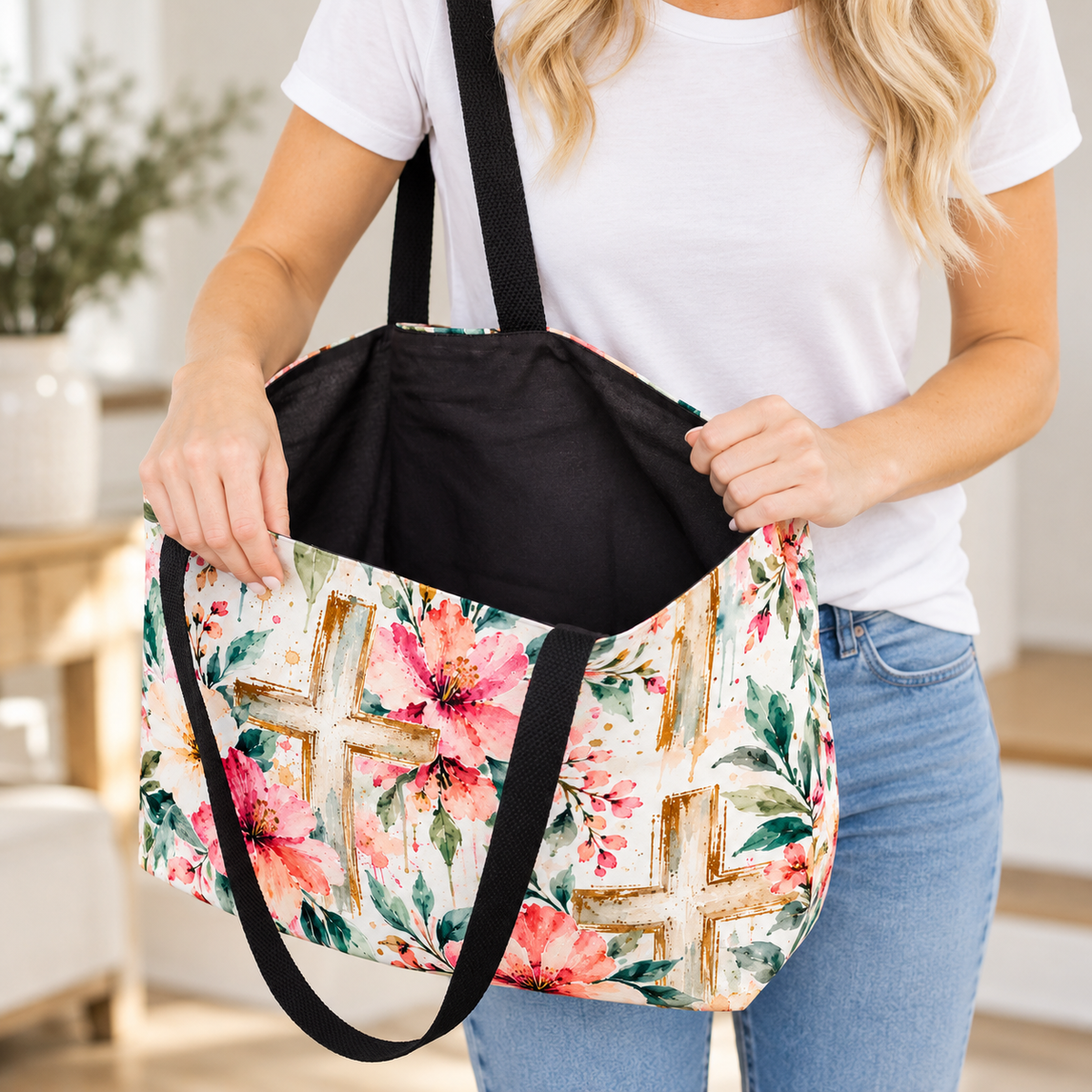 Watercolor Floral Cross Christian Tote Bag | Faith-Inspired Large Carryall