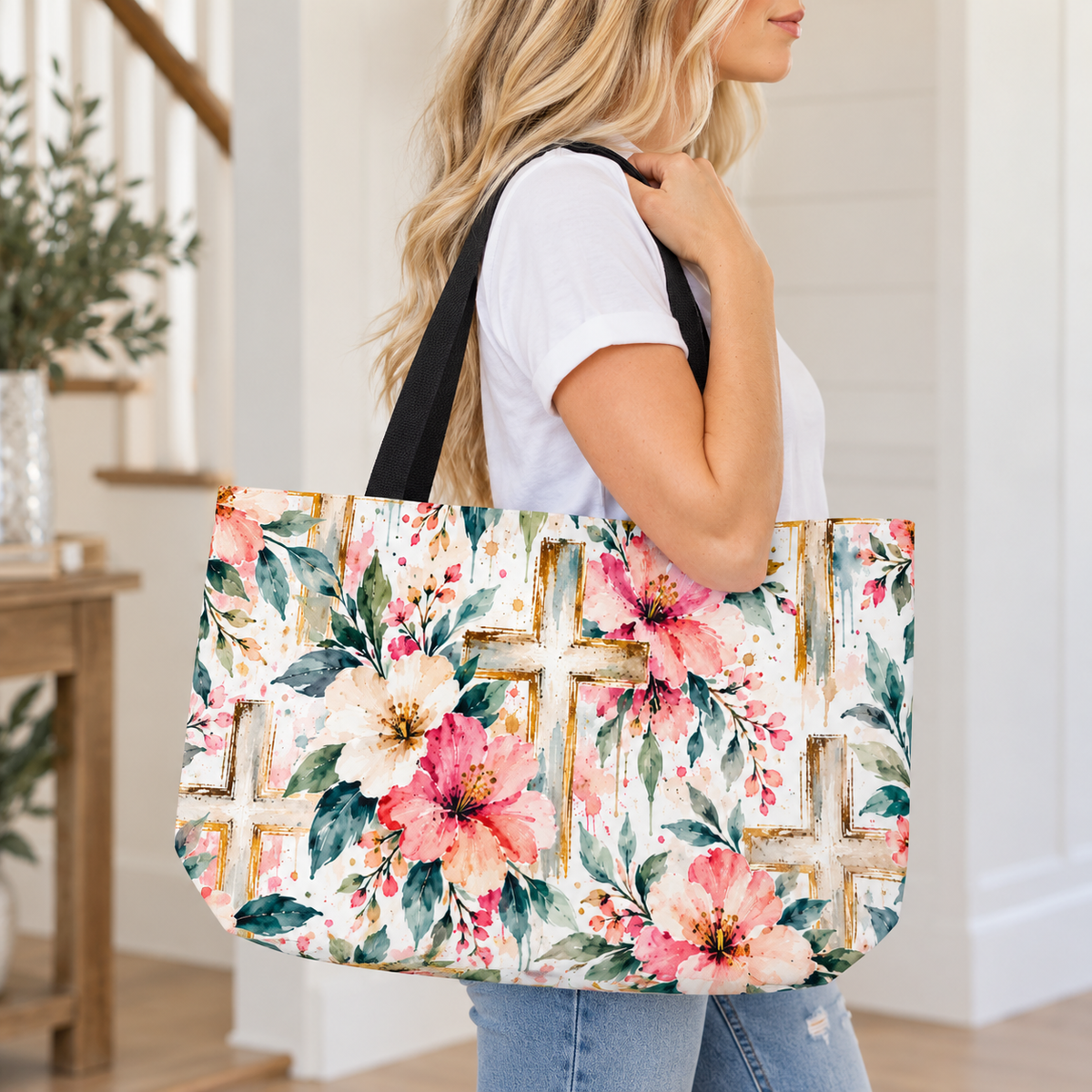 Watercolor Floral Cross Christian Tote Bag | Faith-Inspired Large Carryall