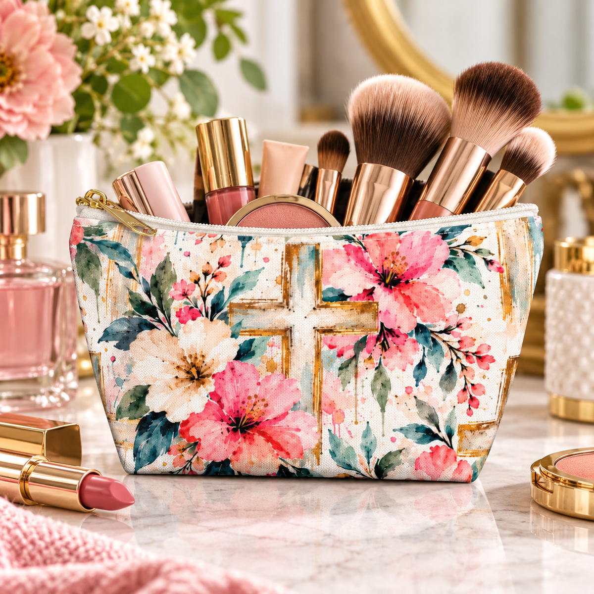 Watercolor Floral Cross Makeup Bag – Christian Cosmetic & Accessory Pouch | Small & Large