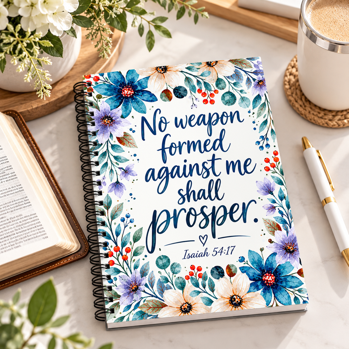 No Weapon Formed Against Me Shall Prosper Spiral Notebook | Isaiah 54:17 Christian Journal | Floral Bible Verse Notebook
