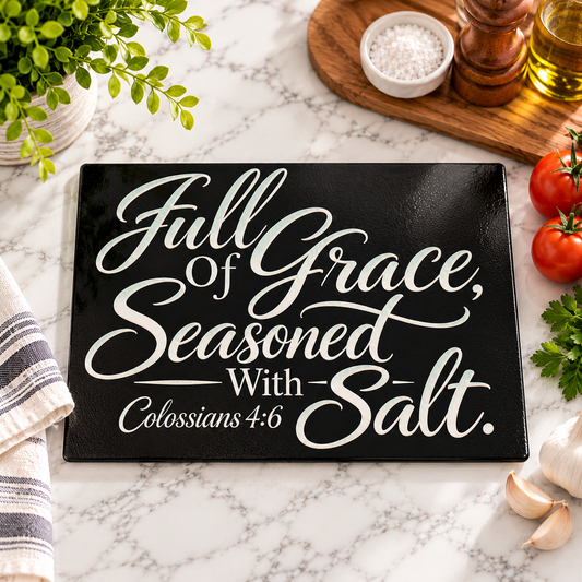 Full of Grace Seasoned with Salt Glass Cutting Board | Colossians 4:6 Christian Kitchen Decor