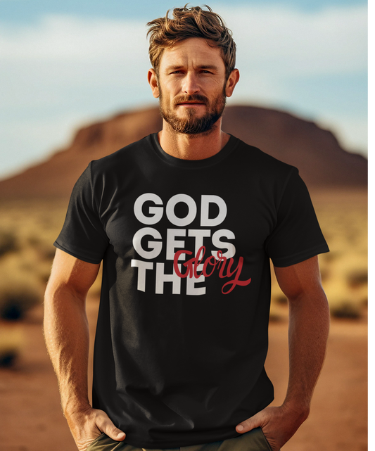 God Gets The Glory! This bold Christian t-shirt has a bold message and is available in many different colors. Grab this Cataldo Creations t-shirt for everyone in the family today!