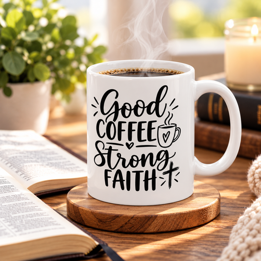 Good Coffee Strong Faith Christian Coffee Mug | Inspirational Jesus Coffee Cup | 11oz & 15oz