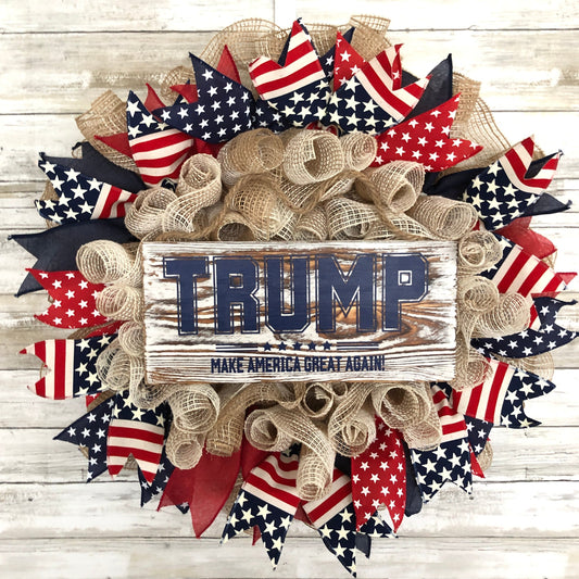 Be a proud patriot with our handmade door wreath featuring President Trump and the iconic Red, White, and Blue colors of the American flag. Show your support for our President Trump and his fight to "Make America Great Again", with this high-quality product. Boldly add a touch of patriotic pride to your home decor!  American Made. Patriot Made and one of a kind.&nbsp;