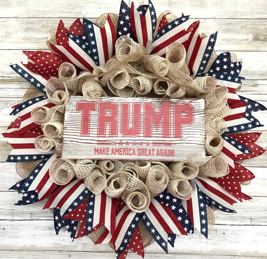 Be a proud patriot with our handmade door wreath featuring President Trump and the iconic Red, White, and Blue colors of the American flag. Show your support for our President Trump and his fight to "Make America Great Again", with this high-quality product. Boldly add a touch of patriotic pride to your home decor!  American Made. Patriot Made and one of a kind.&nbsp;