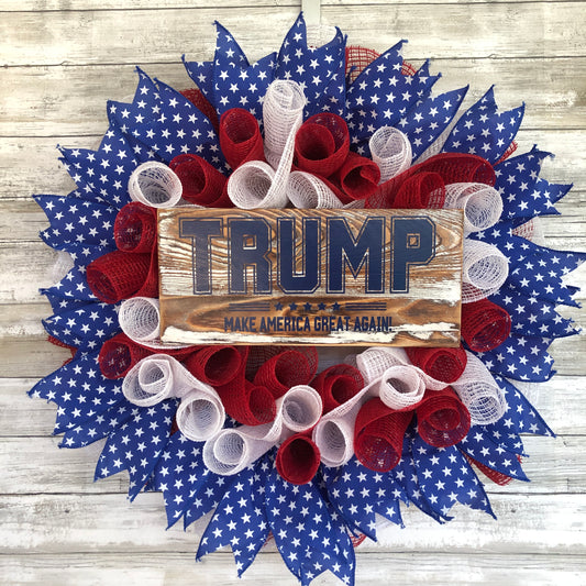 Be a proud patriot with our handmade door wreath featuring President Trump and the iconic Red, White, and Blue colors of the American flag. Show your support for our President Trump and his fight to "Make America Great Again", with this high-quality product. Boldly add a touch of patriotic pride to your home decor!  American Made. Patriot Made and one of a kind. Cataldo Creations