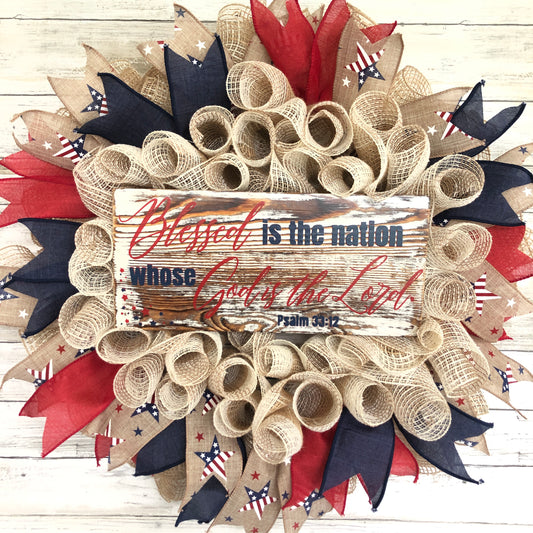 Handmade Door Wreath, Blessed Is The Nation Whose God Is The Lord Wreath