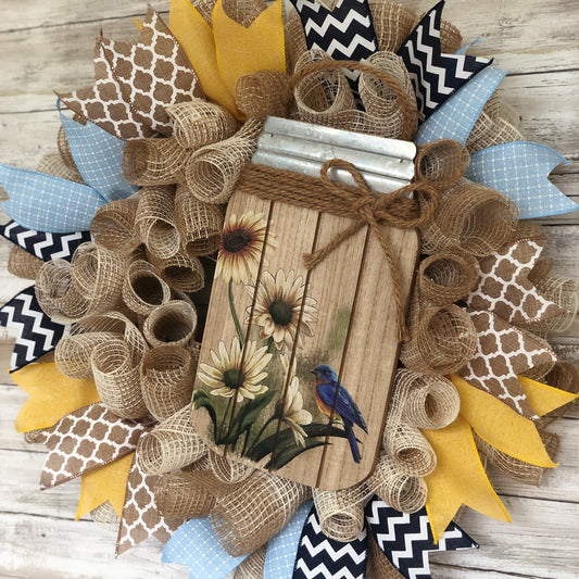 Sunny Sunflower Door Wreath. Handmade door wreath. Season summer wreath. Mason jar welcome wreath. 