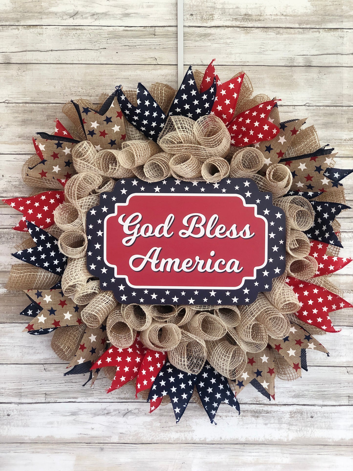 God Bless America Patriotic Door Wreath. Handmade red white and blue stars wreath. 