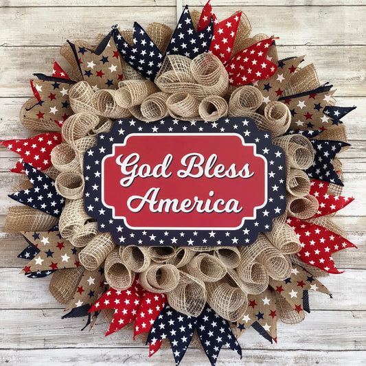 God Bless America Patriotic Door Wreath. Handmade red white and blue stars wreath. 