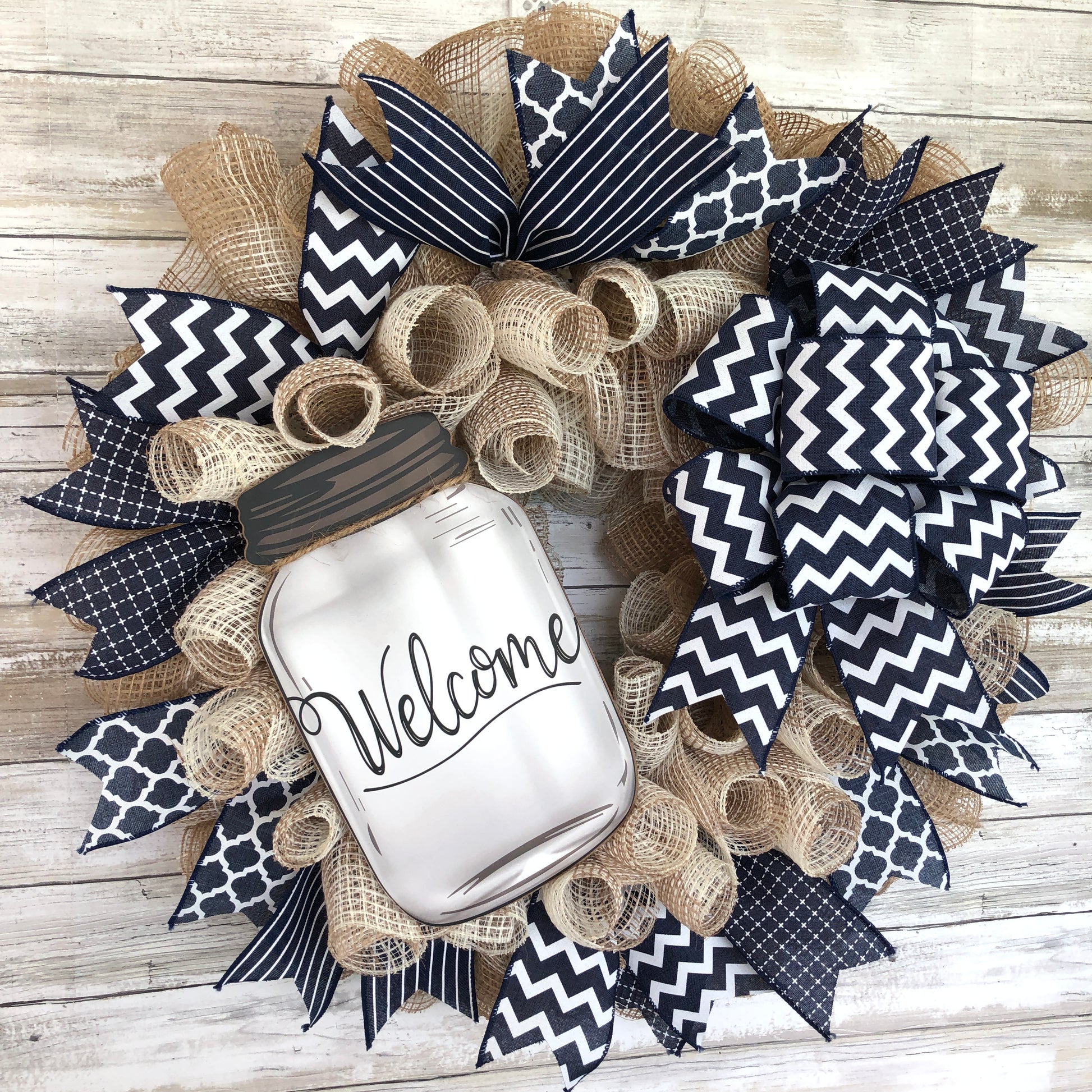 Farmhouse Welcome Door Wreath. Handmade welcome wreath. Navy blue rustic look. Mason jar welcome sign. 