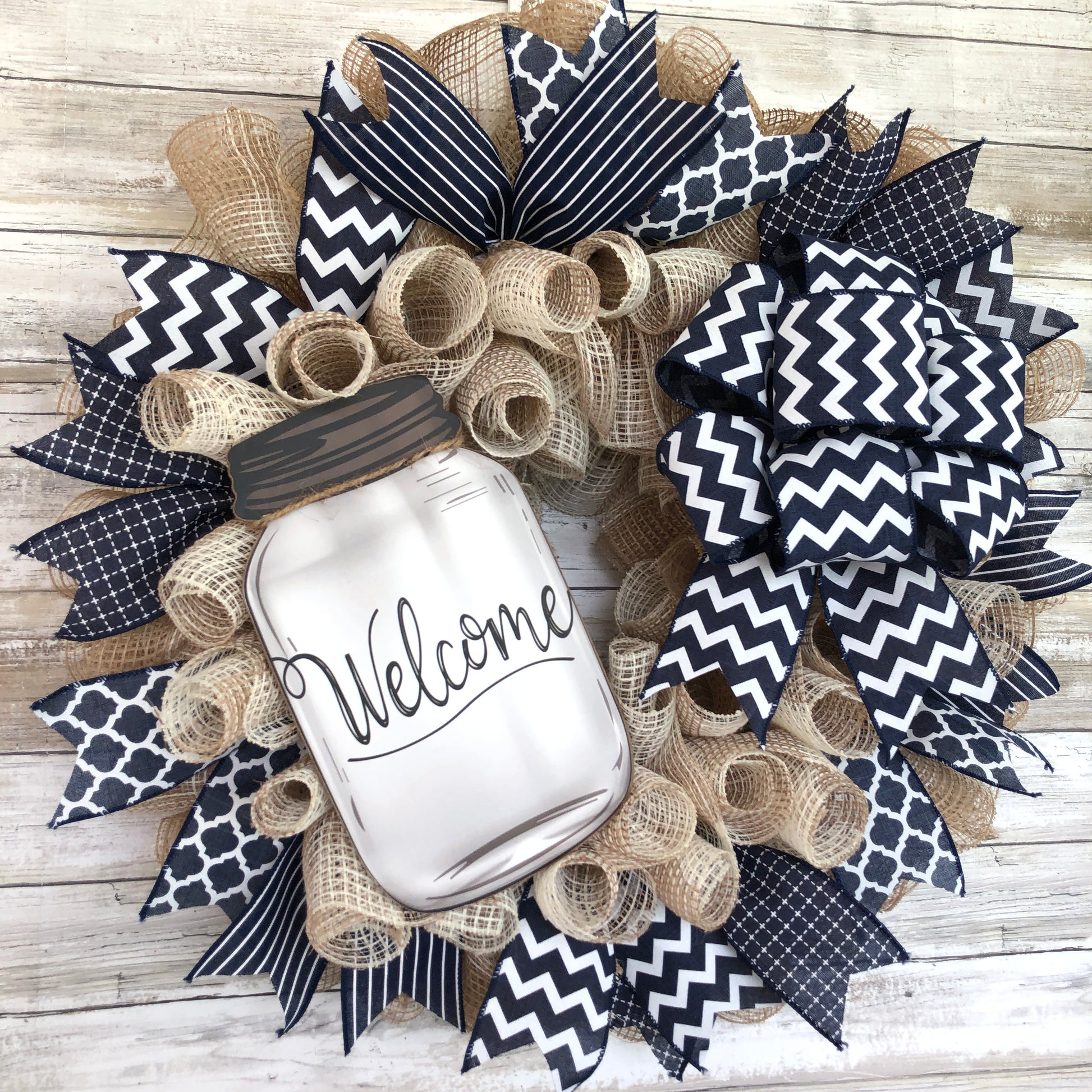 Farmhouse Welcome Door Wreath. Handmade welcome wreath. Navy blue rustic look. Mason jar welcome sign. 