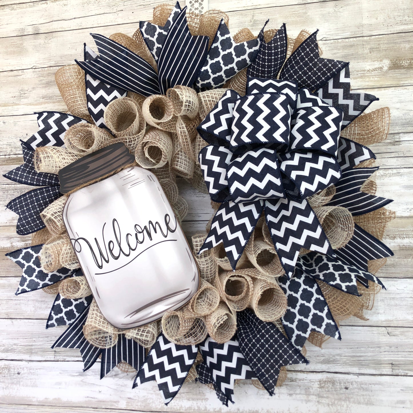 Farmhouse Welcome Door Wreath. Handmade welcome wreath. Navy blue rustic look. Mason jar welcome sign. 