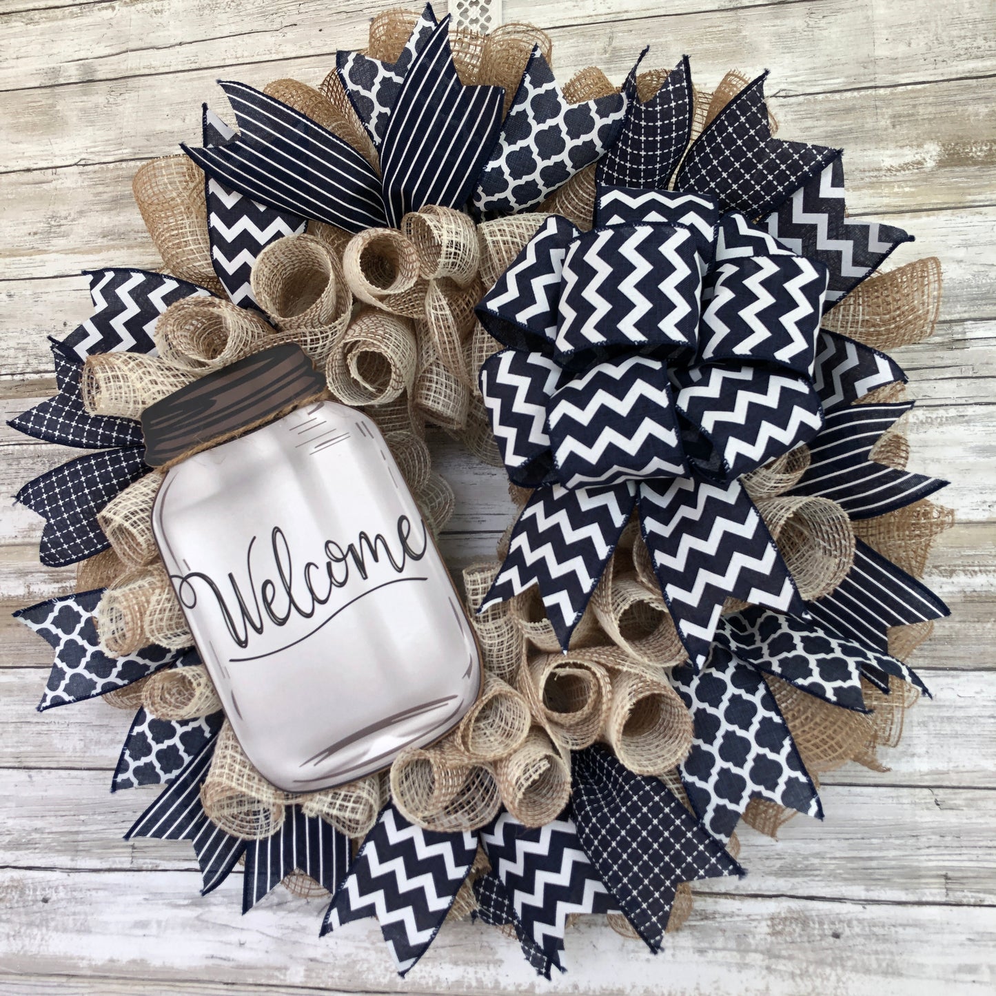 Farmhouse Welcome Door Wreath. Handmade welcome wreath. Navy blue rustic look. Mason jar welcome sign. 