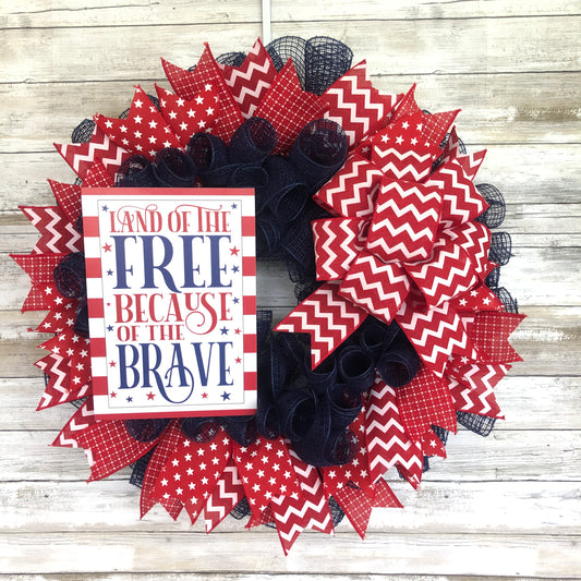 Land Of The Free, Because Of The Brave Handmade Door Wreath. Red And Navy Patriotic USA Freedom Wreath