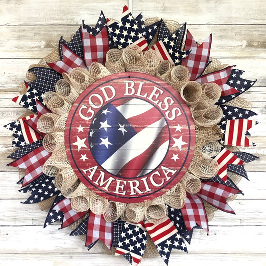 God Bless America Door Wreath. Red White And Blue Patriotic Handmade Wreath