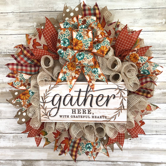 Handmade Autumn Door Wreath. Gather Here Door Wreath