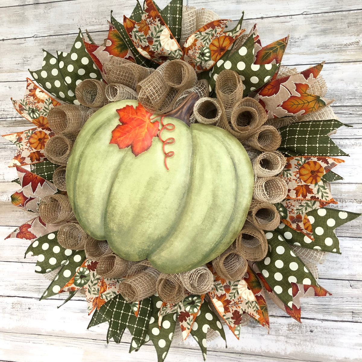 Handmade Sage Green Pumpkin Fall Wreath | Rustic Autumn Front Door Wreath