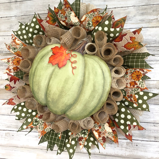 Handmade Sage Green Pumpkin Fall Wreath | Rustic Autumn Front Door Wreath