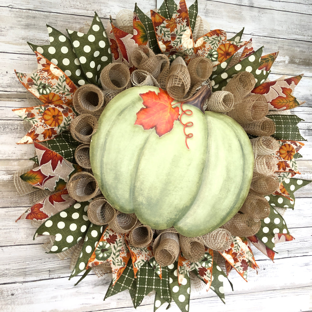 Handmade Sage Green Pumpkin Fall Wreath | Rustic Autumn Front Door Wreath