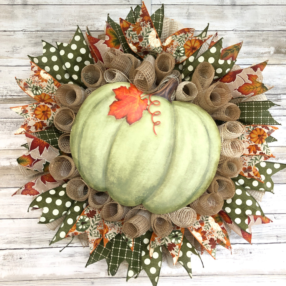 Handmade Sage Green Pumpkin Fall Wreath | Rustic Autumn Front Door Wreath