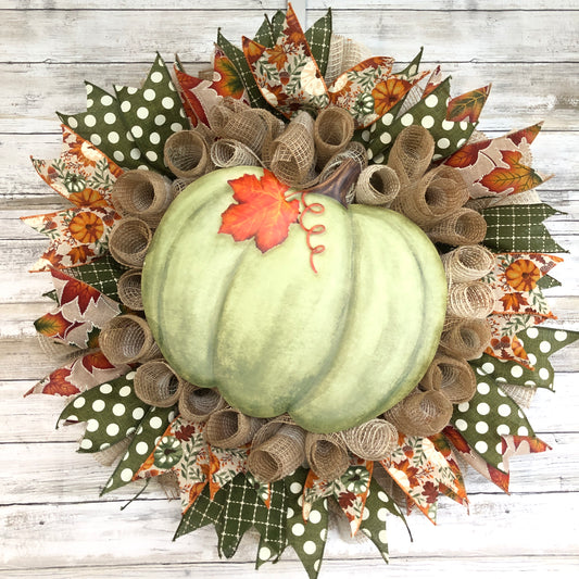 Handmade Sage Green Pumpkin Fall Wreath | Rustic Autumn Front Door Wreath