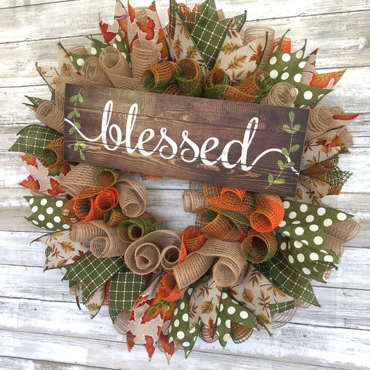 Blessed Handmade Fall Wreath | Rustic Autumn Front Door Wreath with Farmhouse Sign