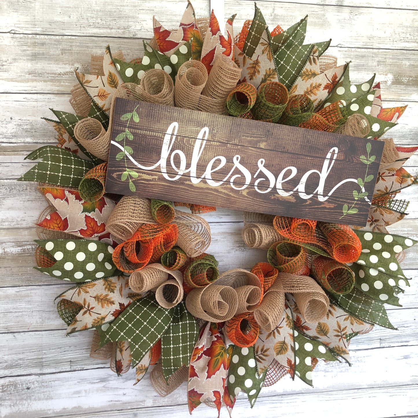 Blessed Handmade Fall Wreath | Rustic Autumn Front Door Wreath with Farmhouse Sign