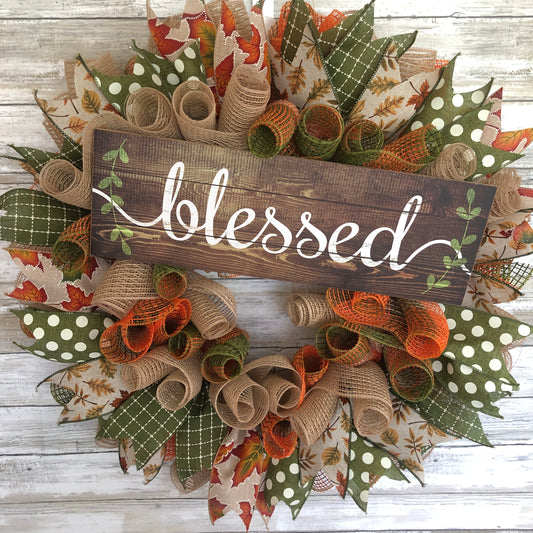 Blessed Handmade Fall Wreath | Rustic Autumn Front Door Wreath with Farmhouse Sign