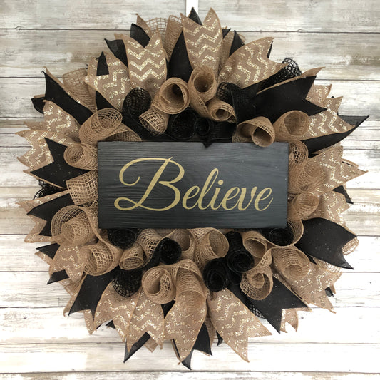 'Believe' Holiday Door Wreath, Handmade Door Wreath For Christmas Season
