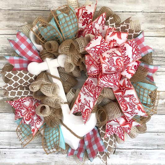 Coral Nautical Anchor Handmade Door Wreath