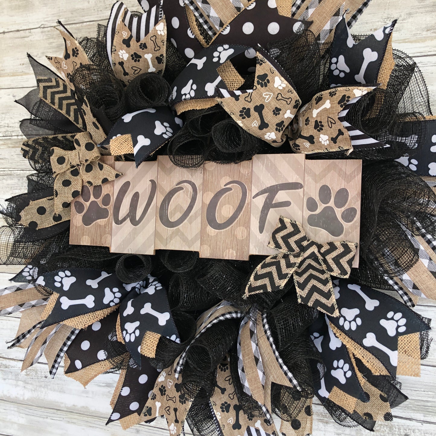 Dog Lovers handmade Door Wreath. Black and tan Woof dog owner decor. 