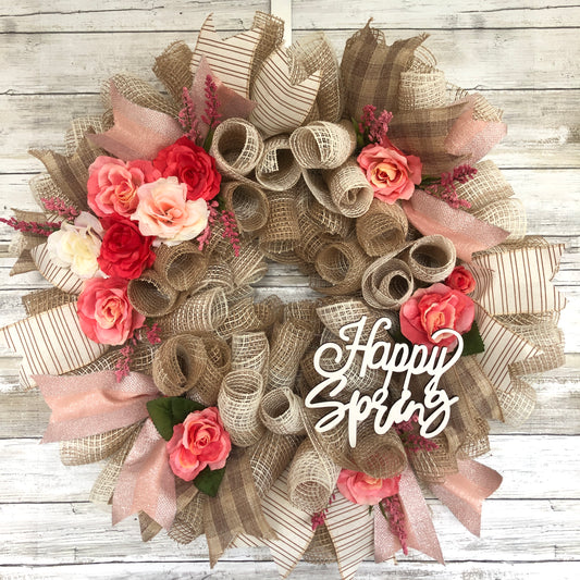 Happy Spring Door Wreath. Pops Of Pink Floral Spring Wreath. Handmade Seasonal Door Wreath