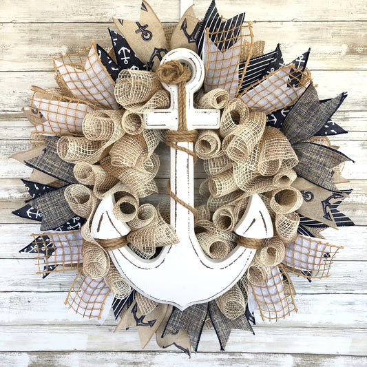 Nautical Anchor Door Wreath. Anchors Away! This beige, navy and white door wreath has a classic color scheme and subtle shimmer.  This wreath will look great on your door or that open spot on your wall!  Handmade Door Wreath. 