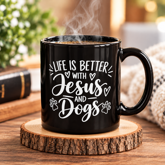 Life Is Better With Jesus and Dogs Christian Coffee Mug | Dog Lover Gift | Black Ceramic Faith Mug | 11oz & 15oz