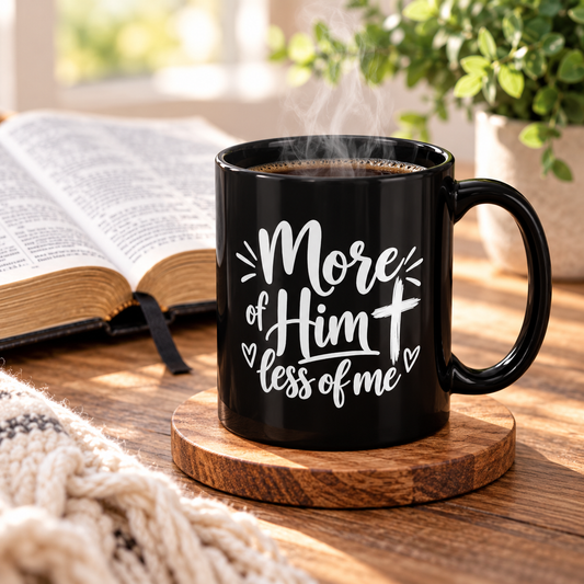 More of Him Less of Me Christian Coffee Mug | John 3:30 Inspirational Faith Coffee Cup | Black Ceramic Mug | 11oz & 15oz